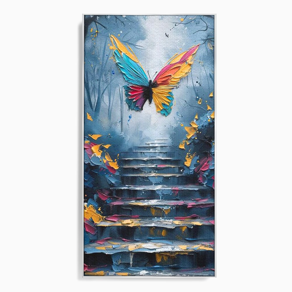 Tablou canvas cu tablou canvas cu fluture multicolor si scari, in rama de aluminiu argintiu